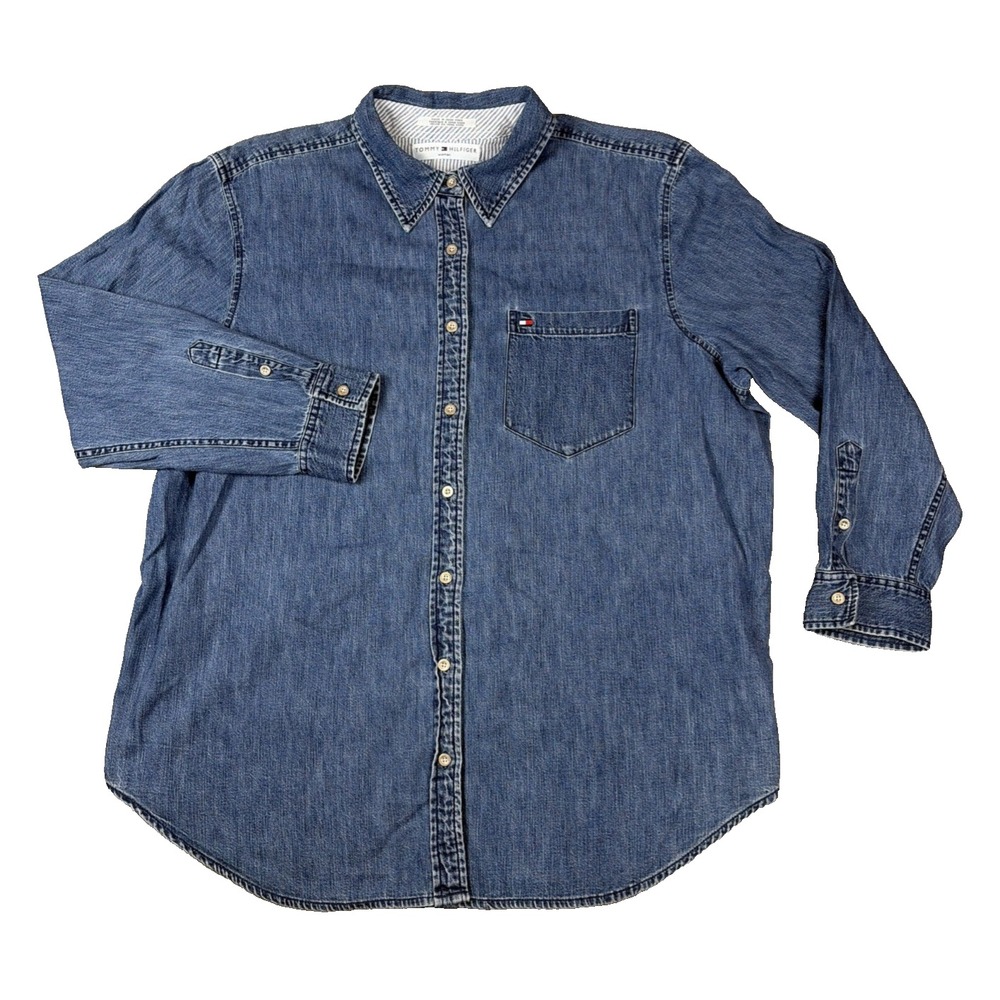 Tommy Hilfiger Denim Shirt Woman L Blue Long Sleeve Button Down Flag Logo
